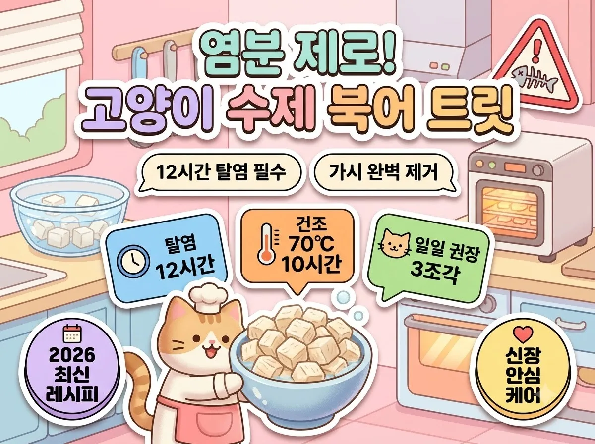 고양이 수제 북어 트릿 제작을 위한 12시간 염분 제거와 가시 제거 및 건조 권장량을 안내하는 종합 인포그래픽