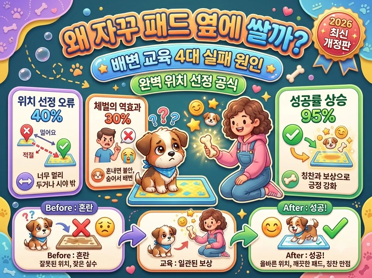 강아지 배변 훈련 실패 원인과 올바른 패드 위치 배치법을 귀여운 반려견 캐릭터와 데이터로 정리한 가이드 포스터입니다.