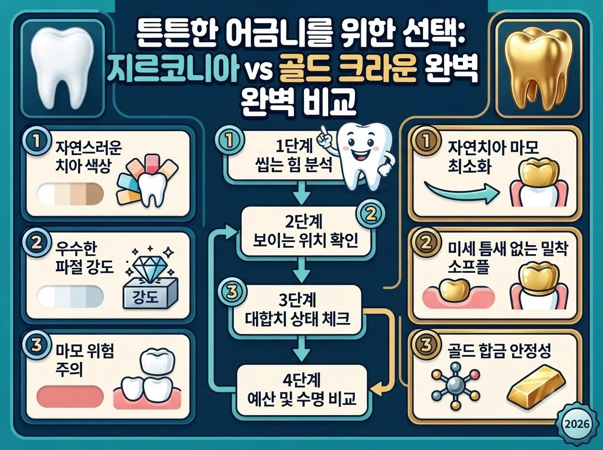 지르코니아와 골드 크라운의 재료 강도 대합치 마모도 및 심미성 차이를 4단계로 분석한 비교 설명도
