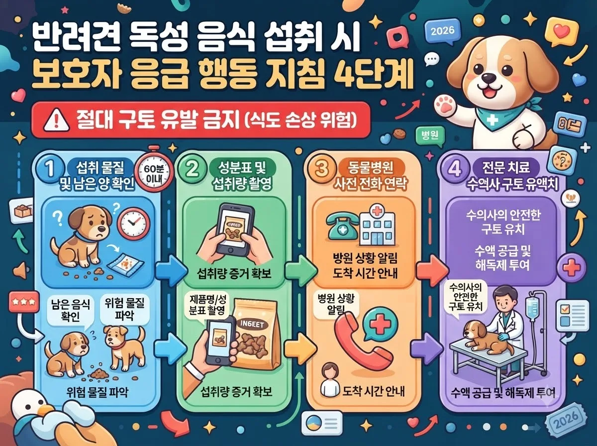 반려견이 위험 음식을 섭취했을 때 보호자가 따라야 할 4단계 응급 대응 수칙 및 임의 구토 금지 안내 인포그래픽