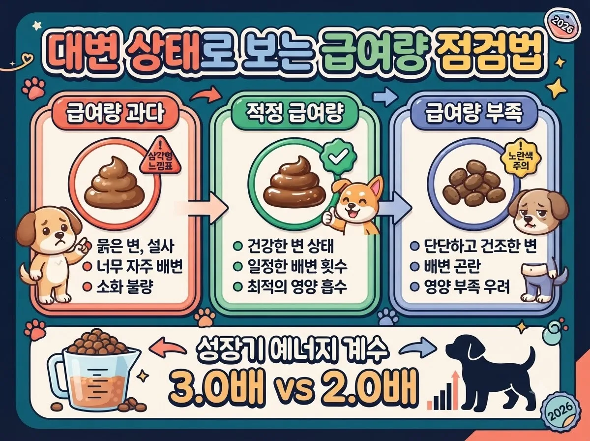 강아지의 대변 굳기와 상태를 통해 하루 사료 급여량이 적정한지 과부족 여부를 진단하는 비교 가이드 이미지입니다.