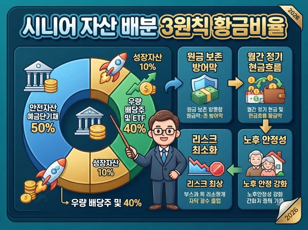 안전자산과 우량 배당주 및 성장자산의 권장 배분 비율을 3D 도넛 차트로 나타낸 자산 관리 인포그래픽입니다.