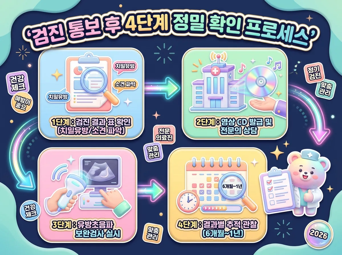 치밀유방 소견 통보 후 영상자료 지참 상담 및 초음파 보완 검사로 이어지는 4단계 정밀 확인 절차 안내