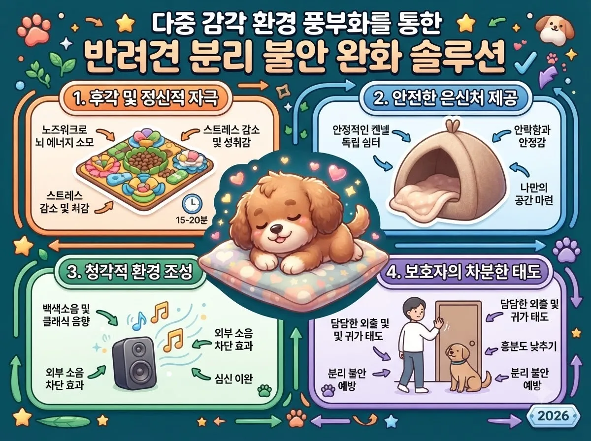 노즈워크를 통한 뇌 피로도 유도와 백색소음 활용 및 올바른 귀가 태도를 비교 설명하는 반려견 안심 환경 조성 인포그래픽입니다.