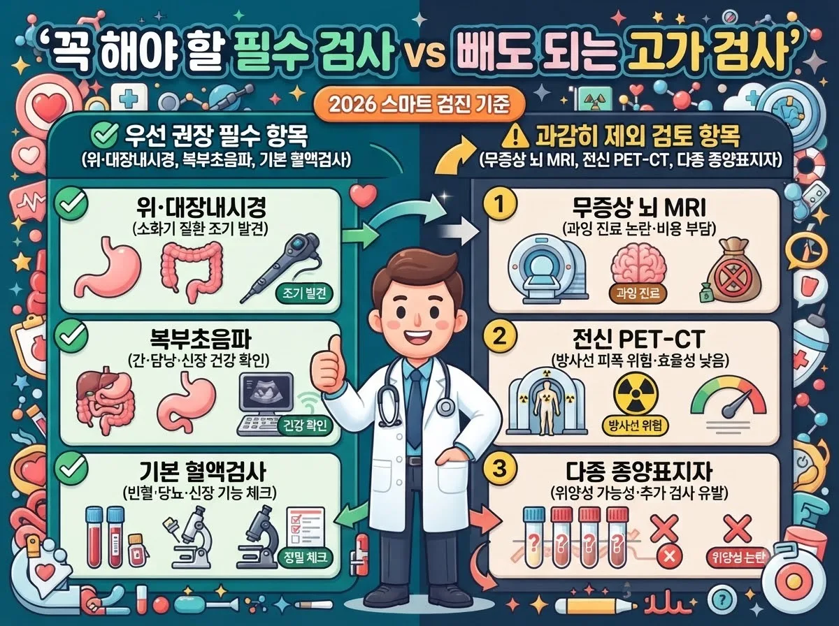비용 대비 효과가 높은 필수 검진 항목과 무증상 시 제외를 고려할 수 있는 고가 검사항목을 대조한 비교 인포그래픽입니다.