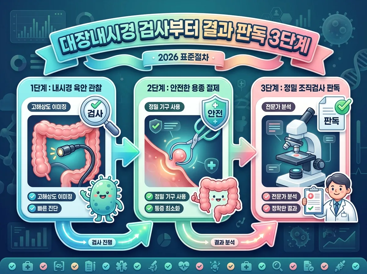 대장내시경 육안 관찰부터 용종 절제술과 병리 조직검사 판독까지의 3단계를 시각화한 정보성 다이어그램