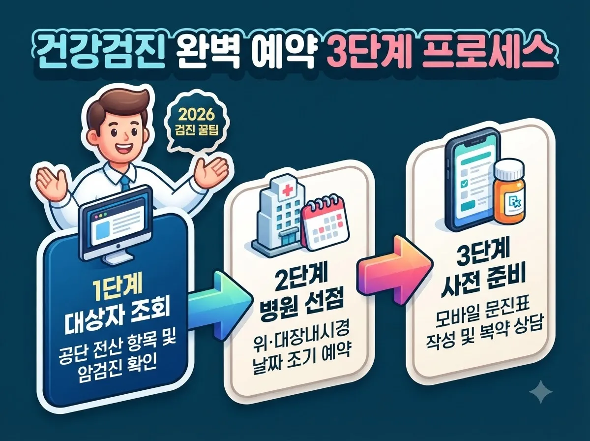 대상자 전산 조회부터 병원 일정 선점 및 사전 문진표 작성까지의 건강검진 3단계 진행 절차 안내