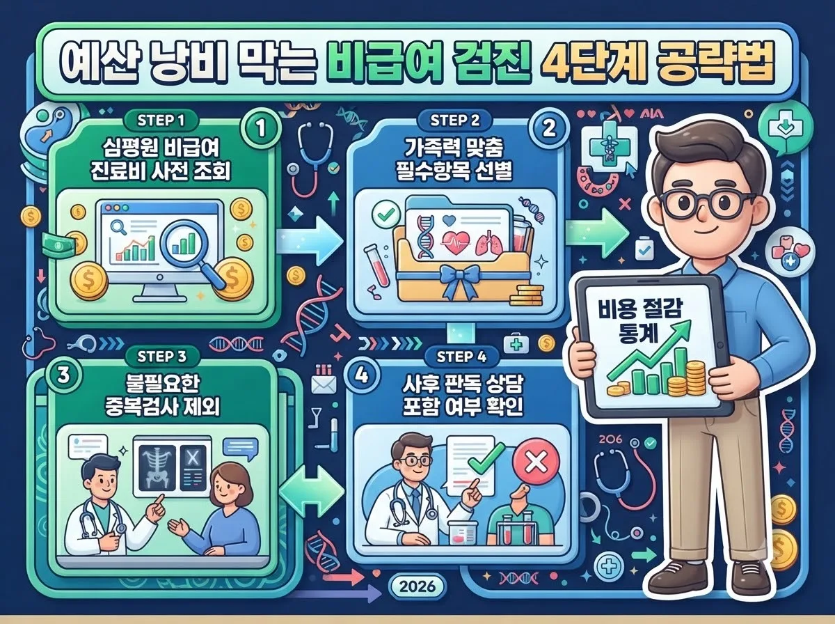 비급여 건강검진 예약 전 심평원 조회부터 필수 항목 선별까지 과다 지출을 막는 4단계 절약 전략을 안내하는 인포그래픽 이미지입니다.