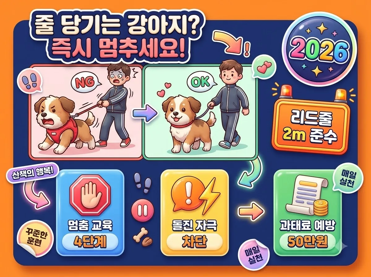 강아지 줄 당김 교정을 위한 멈춤 교육법과 리드줄 2미터 규정 및 올바른 산책 원칙을 정리한 인포그래픽 포스터