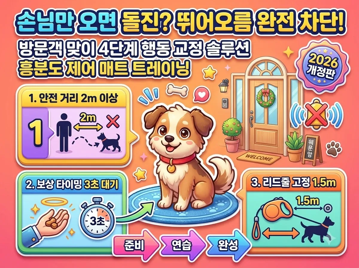 손님 방문 시 흥분해 뛰어오르는 강아지를 진정시키고 안전 거리와 매트 훈련으로 예절을 교육하는 4단계 솔루션 인포그래픽 포스터