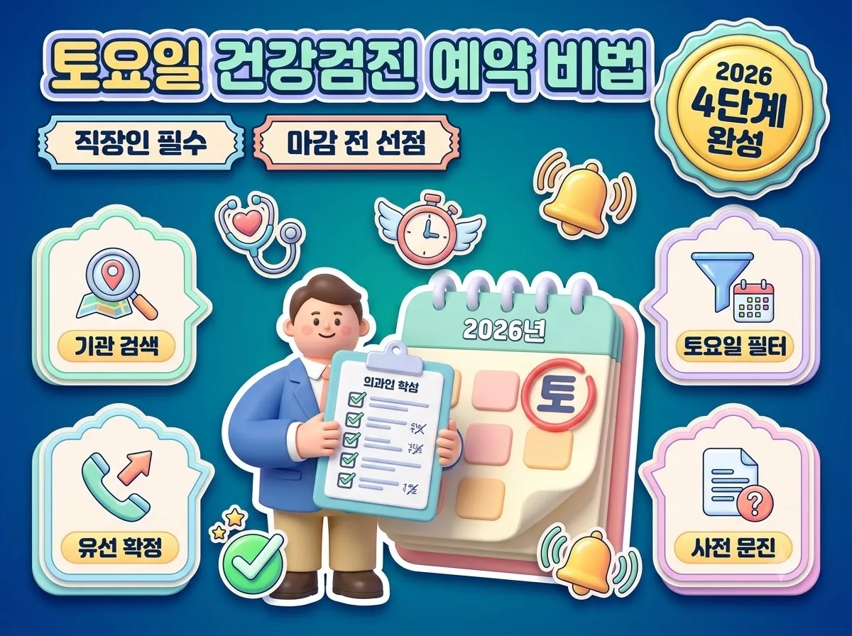 바쁜 직장인을 위해 토요일과 주말 건강검진 병원을 빠르고 정확하게 예약하는 핵심 4단계 절차와 주의사항을 정리한 인포그래픽 포스터입니다.