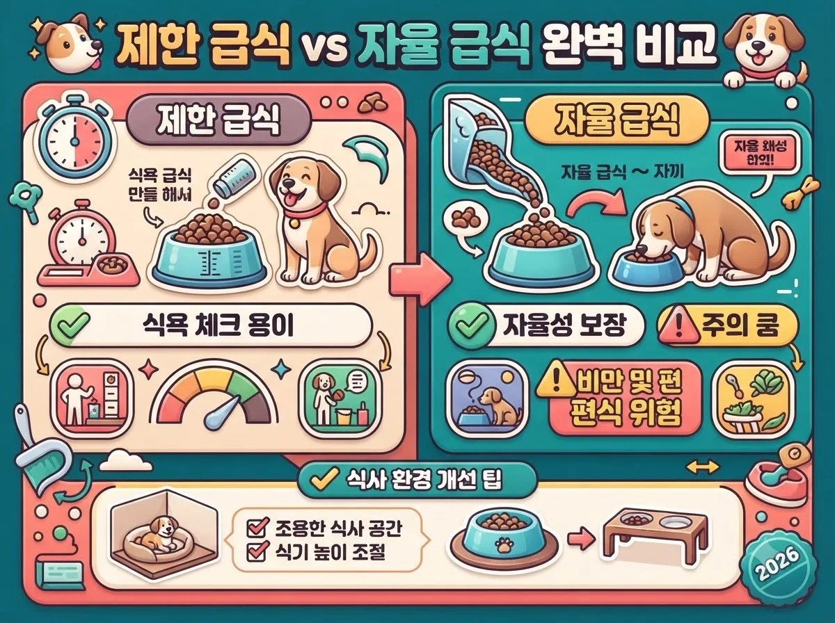 강아지 제한 급식과 자율 급식의 장단점을 비교하고 올바른 식사 환경 개선 수칙을 안내하는 비교 인포그래픽 이미지입니다.