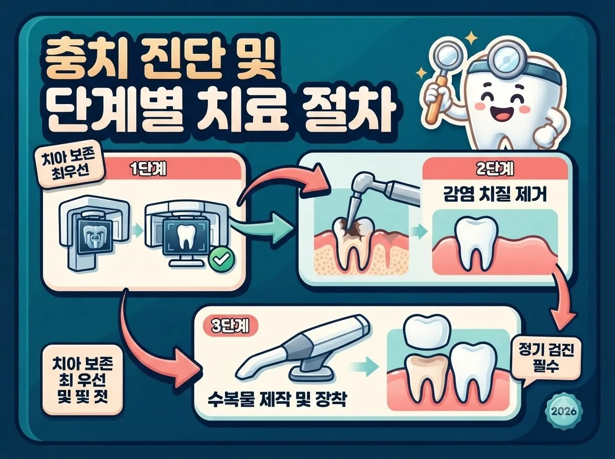 정밀 구강 검진부터 치질 제거 및 수복물 제작 장착까지 충치 치료 3단계 진행 과정 안내 인포그래픽
