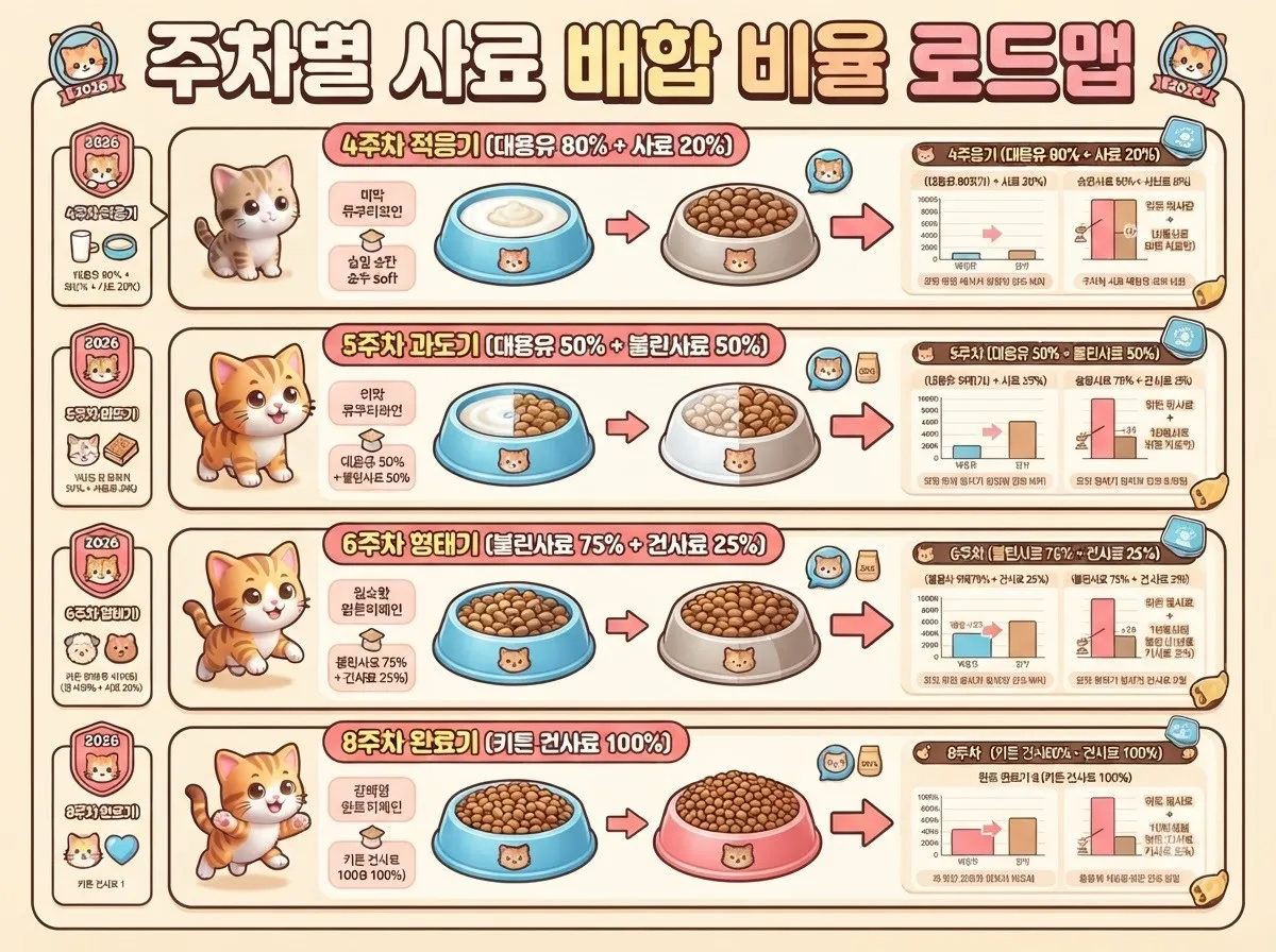 생후 4주부터 8주까지 대용유와 불린 사료의 비율을 조절하며 단계별로 건사료에 적응시키는 과정 안내도입니다.