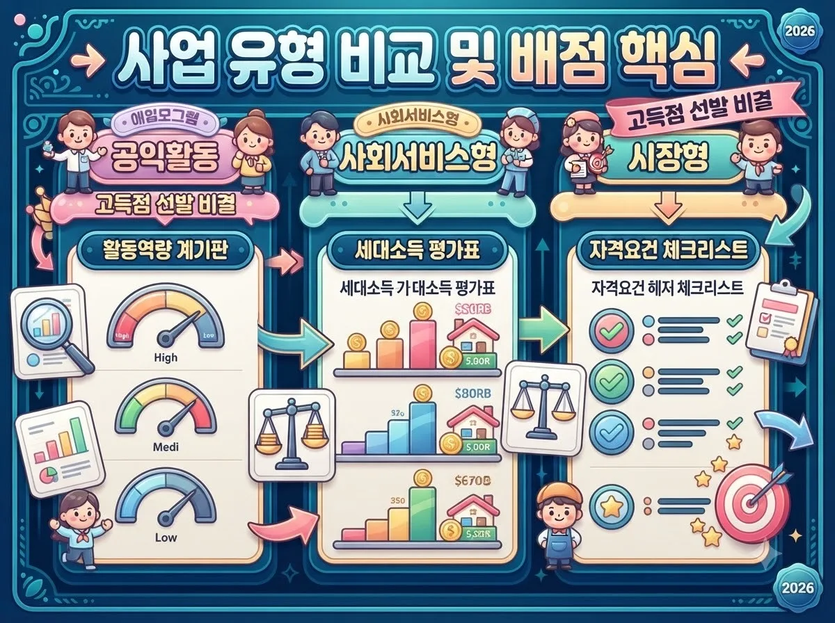 공익활동, 사회서비스형, 시장형 사업 유형별 특징과 선발 심사 배점표에서 고득점을 얻기 위한 핵심 평가 기준을 비교 정리한 인포그래픽입니다.