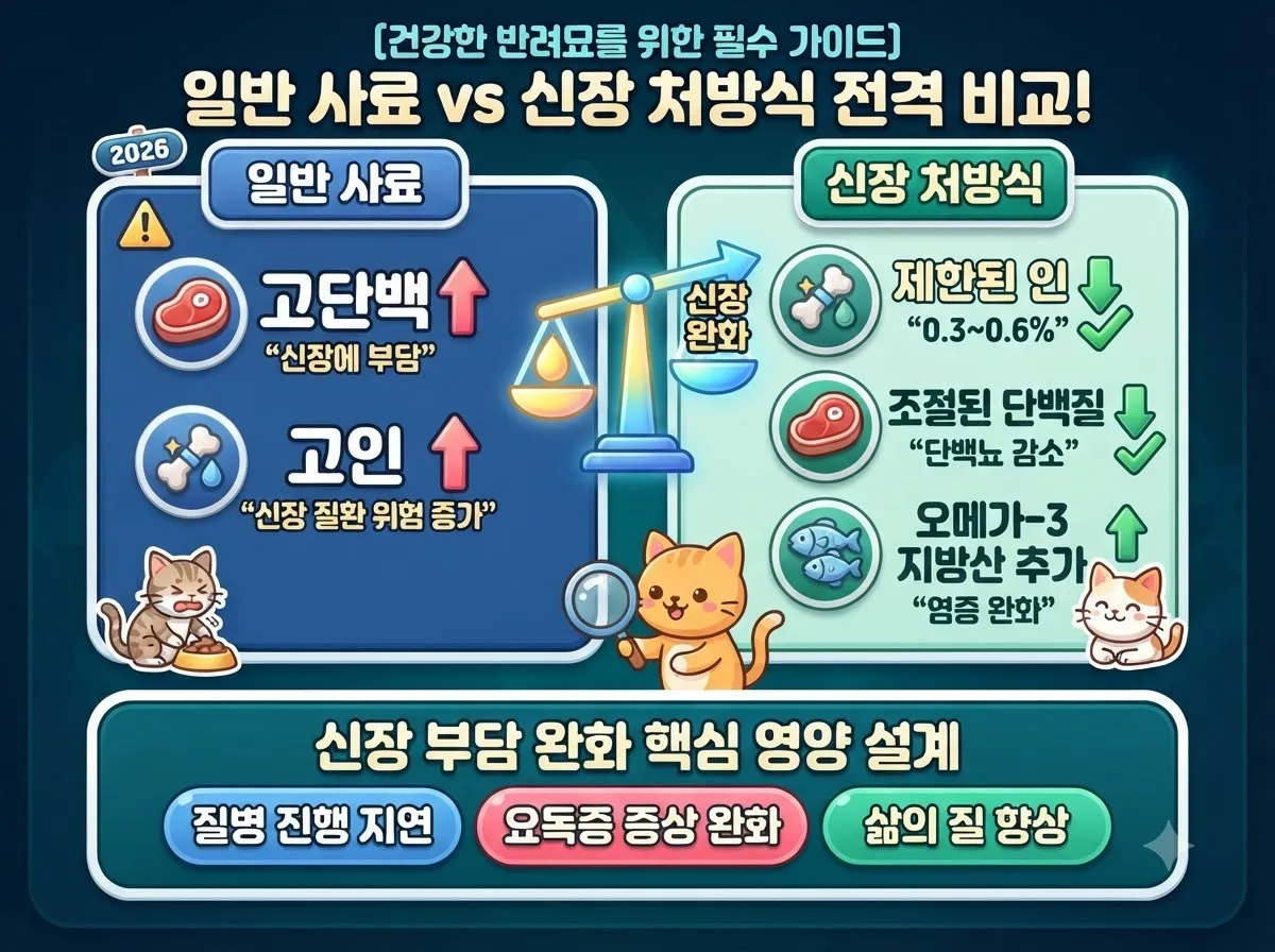 일반 고양이 사료와 신장 질환 처방식 사료의 인 함량 및 영양 성분 차이를 알기 쉽게 시각화하여 비교한 인포그래픽 이미지입니다.