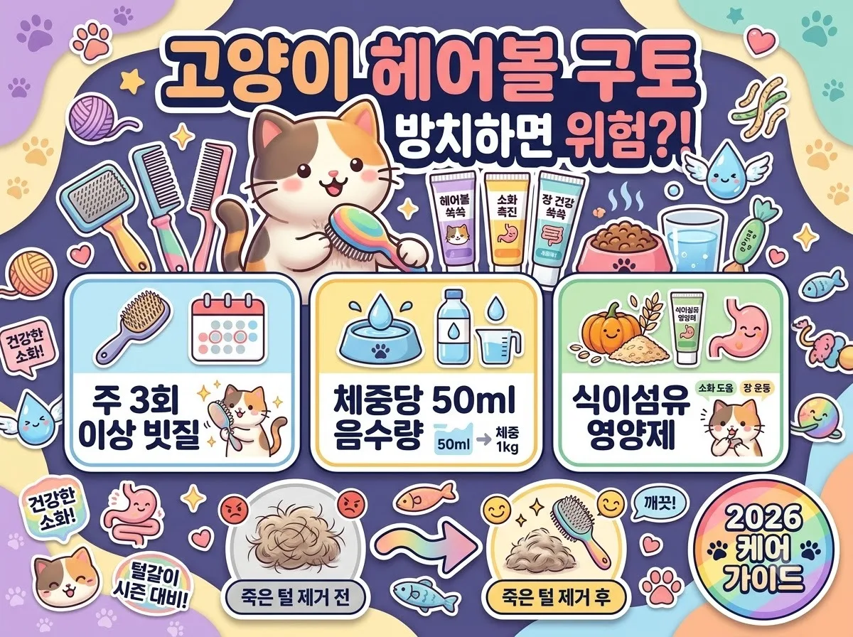 고양이 헤어볼 구토 예방을 위한 올바른 빗질 주기와 기능성 영양제 급여 및 음수량 관리법 인포그래픽 썸네일