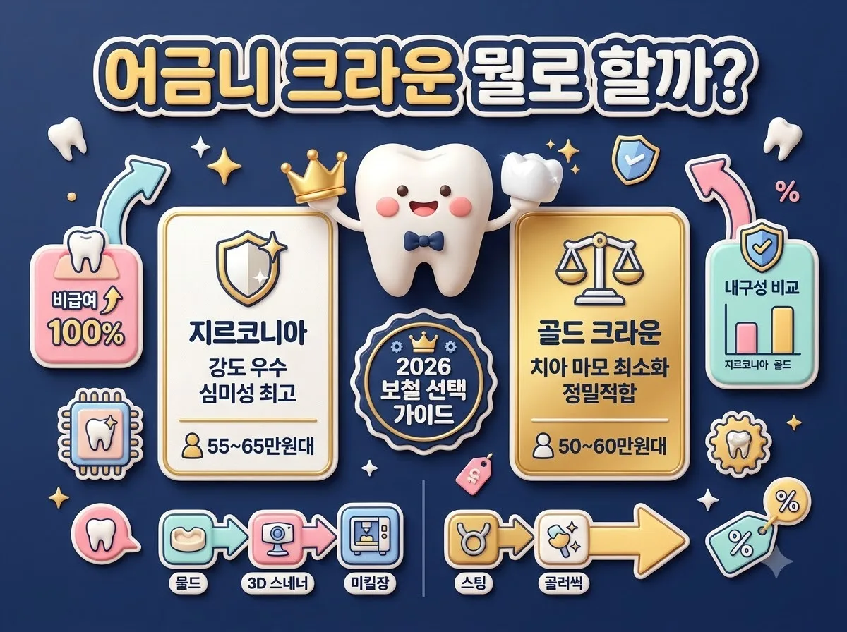 어금니 지르코니아와 골드 크라운의 장단점 및 가격 비교를 한눈에 보여주는 치과 보철 치료 선택 가이드 인포그래픽