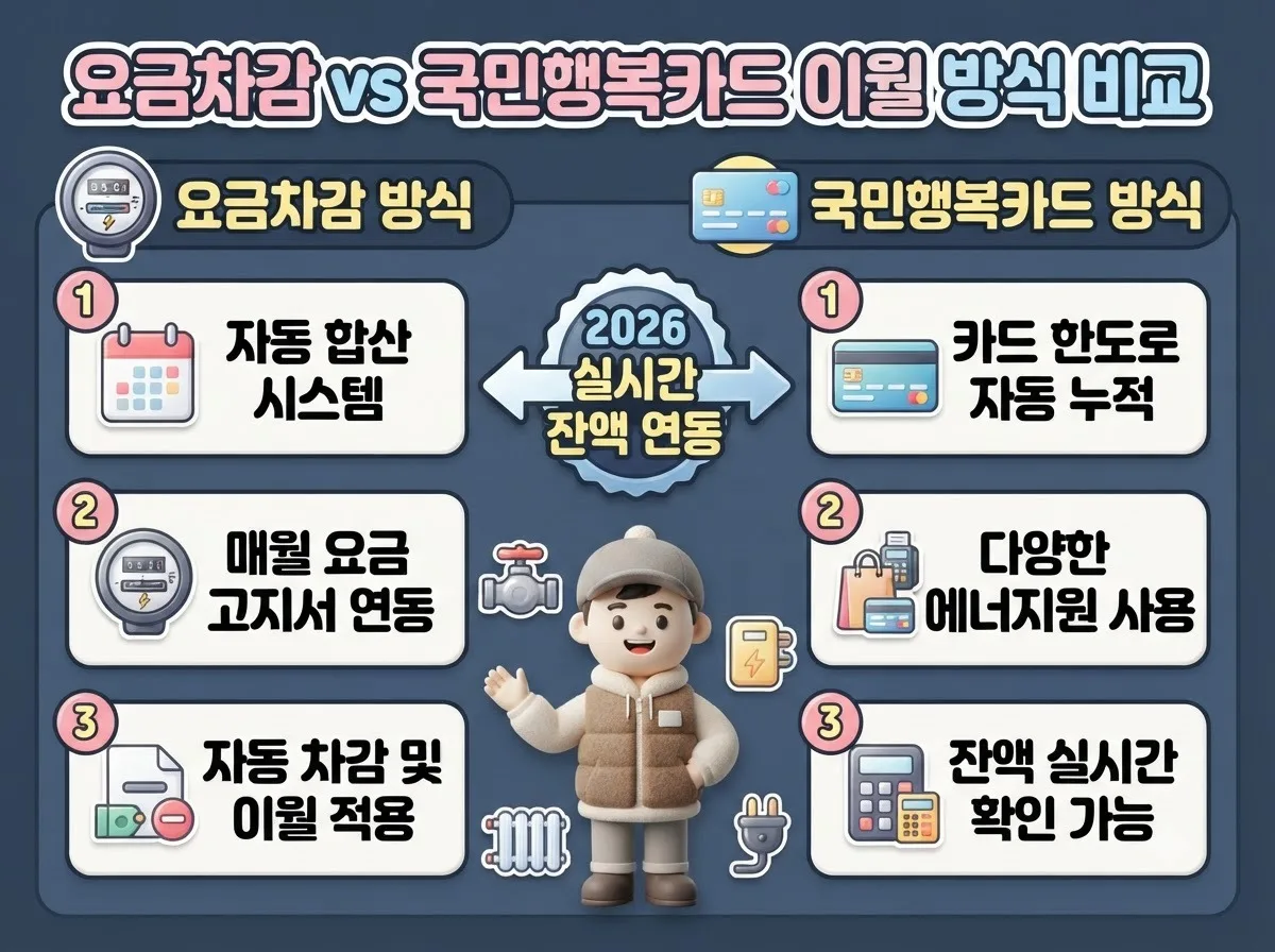 요금차감 방식과 국민행복카드 방식의 에너지바우처 이월 및 겨울철 사용 차이점을 비교 분석한 인포그래픽입니다.
