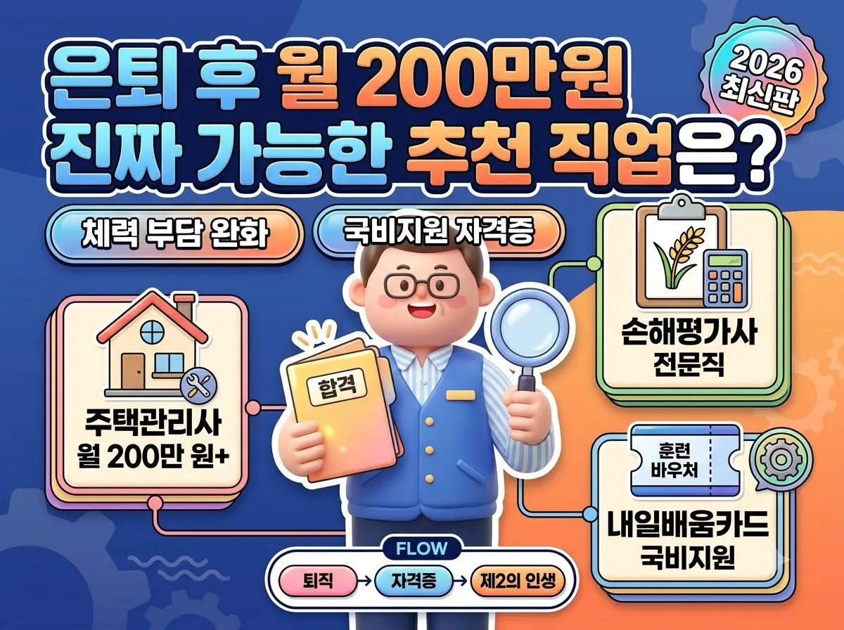 체력 부담이 적으면서 월 200만 원 이상 안정적인 소득을 얻을 수 있는 은퇴 후 유망 직업과 국비지원 자격증 정보를 한눈에 보여주는 인포그래픽 포스터입니다.