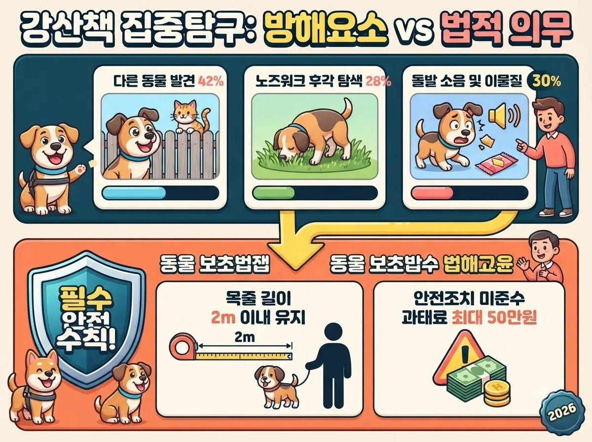 산책 중 반려견의 돌진 유발 자극 비율과 동물보호법상 외출 리드줄 2미터 제한 및 과태료 규정 인포그래픽