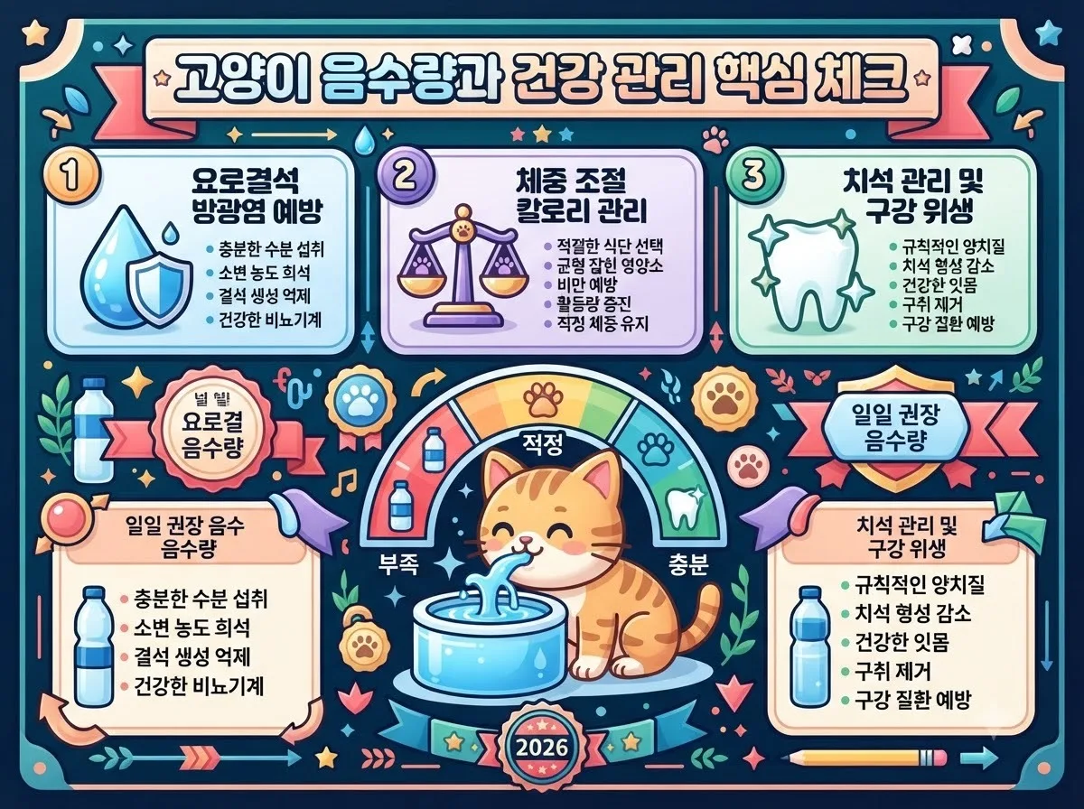고양이 음수량 충족을 통한 요로결석 방광염 예방과 체중 및 치석 관리 핵심 포인트를 체계적으로 정리한 건강 관리 비교 포스터.