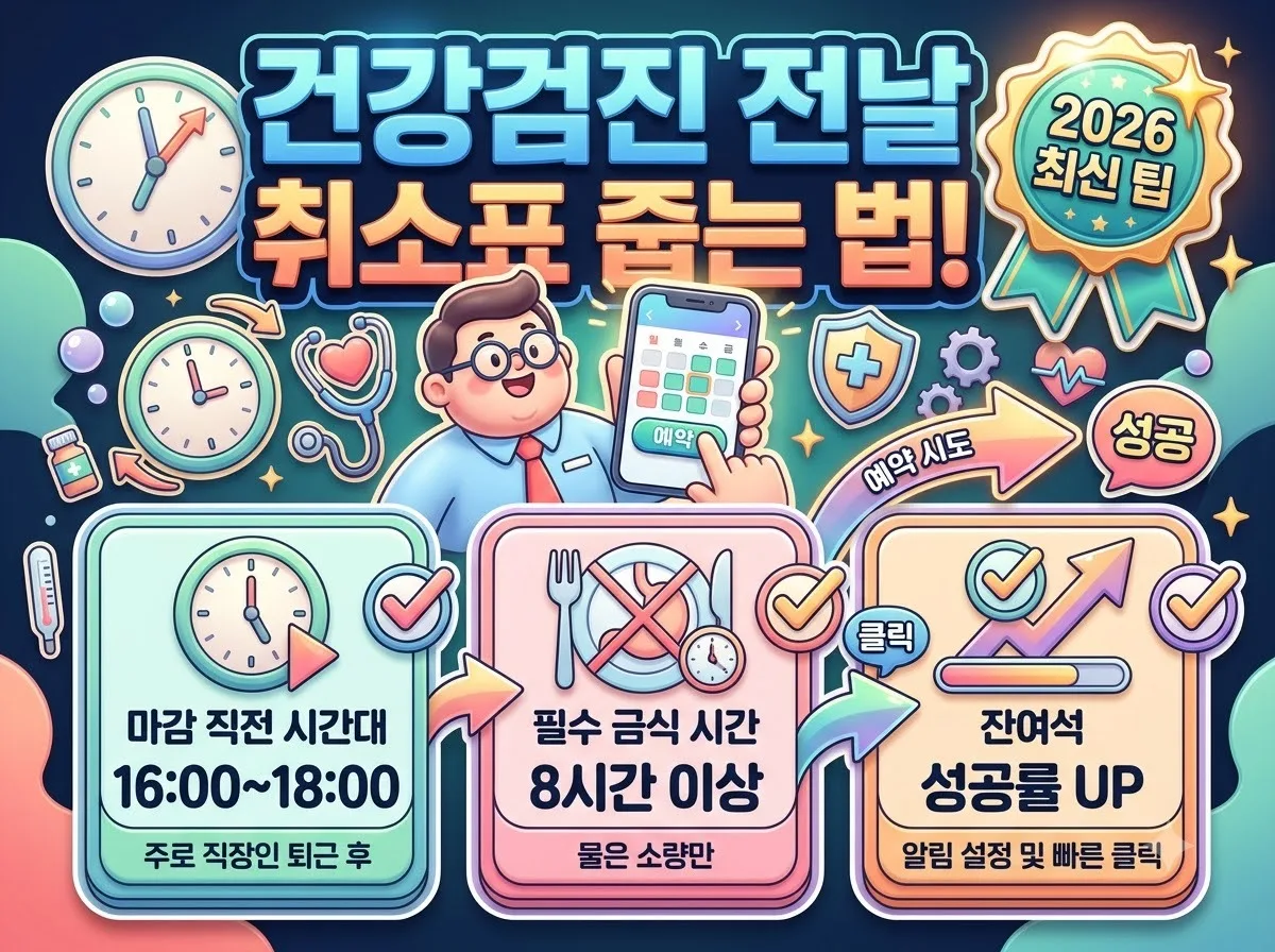 직장인을 위한 건강검진 전날 취소표 예약 성공 꿀팁과 실시간 병원 잔여석 잡는 핵심 수칙 안내 인포그래픽