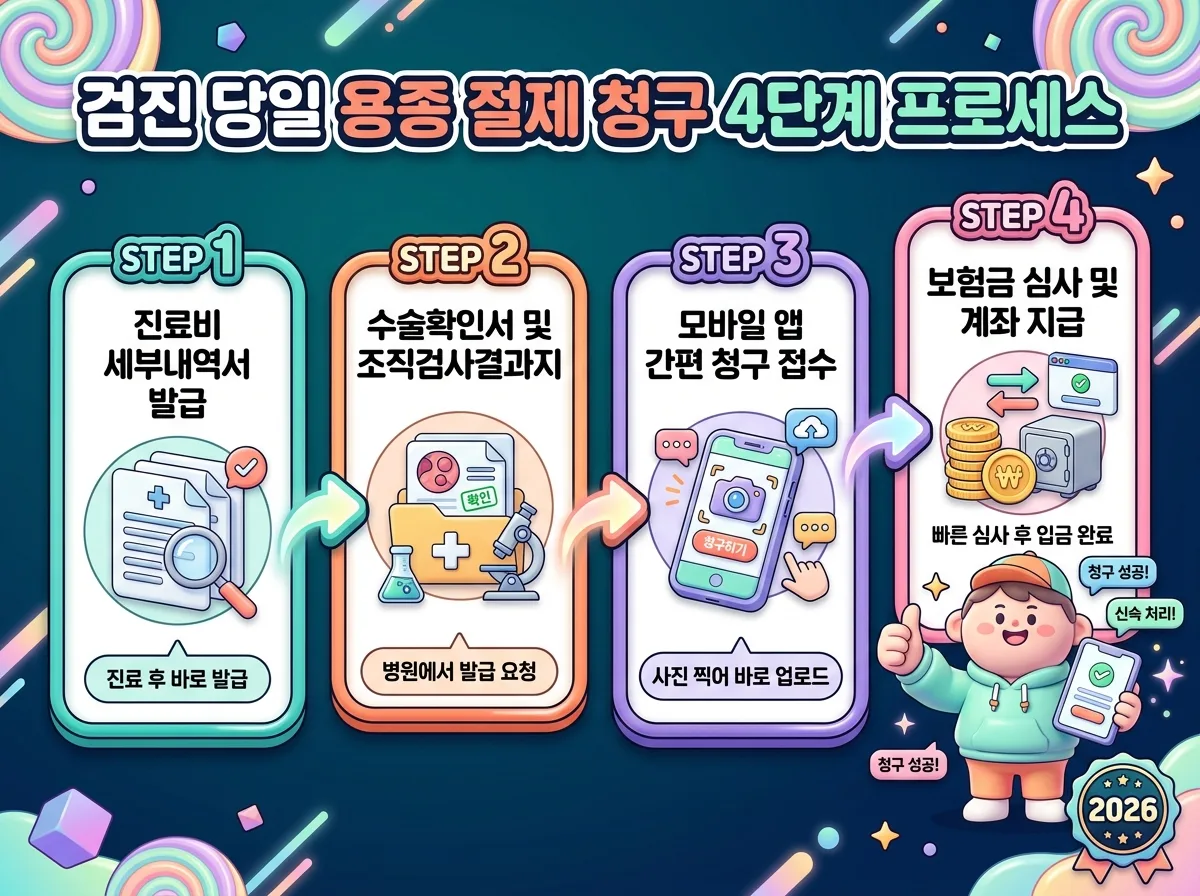 건강검진 당일 내시경 용종 절제 후 필수 서류 발급부터 모바일 보험금 청구 및 심사 지급까지의 4단계 절차 안내도