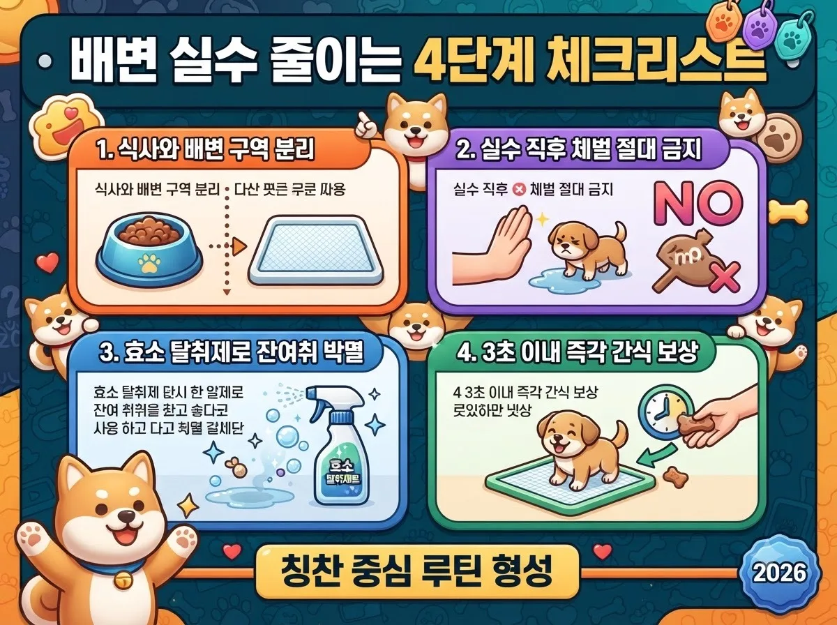 배변 실수 예방을 위한 공간 분리 체벌 금지 냄새 제거 즉각 보상 단계별 훈련 수칙을 설명한 정보성 이미지입니다.
