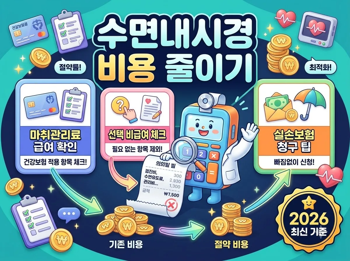 수면내시경 검사 전후 불필요한 비급여 항목을 방어하고 마취 관리료 급여 기준을 확인하여 의료비를 절감하는 체크리스트 썸네일 인포그래픽입니다.