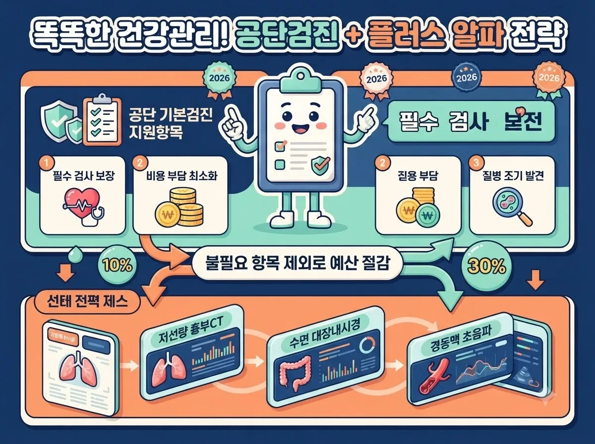 국가 암검진 기본 지원 항목과 개별 비급여 정밀 검사를 효율적으로 연계하여 비용을 절약하는 비교 인포그래픽입니다.