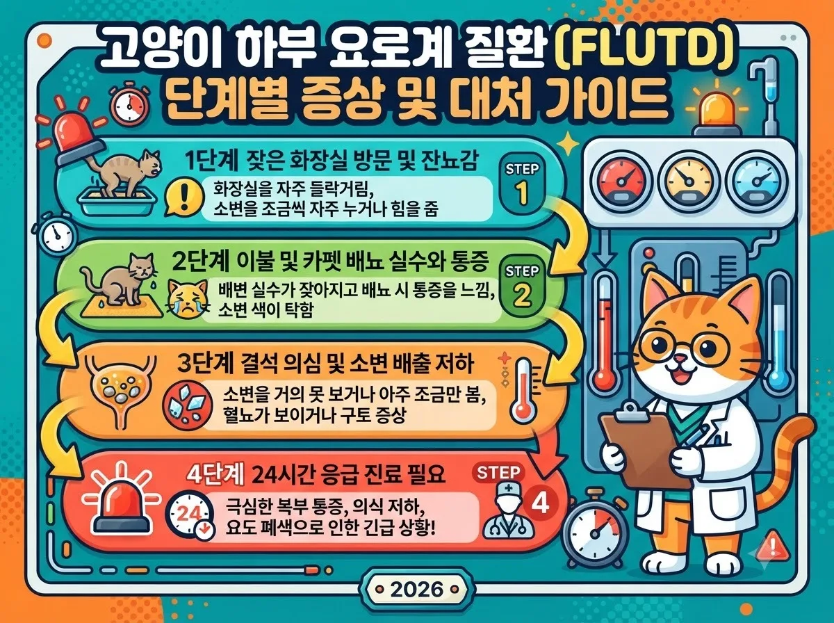 고양이 하부요로 질환의 단계별 진행 과정과 응급 대처법을 한눈에 알기 쉽게 정리한 4단계 상태 인포그래픽