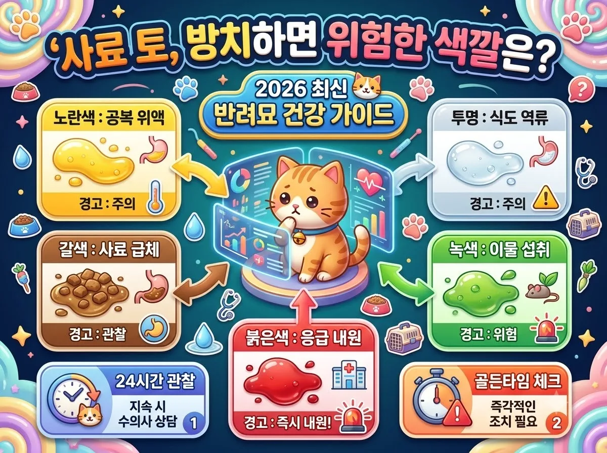 고양이 사료 토와 토사물 색깔별 건강 위험 신호를 정리한 인포그래픽 포스터로 원인과 대처법을 한눈에 보여줍니다.
