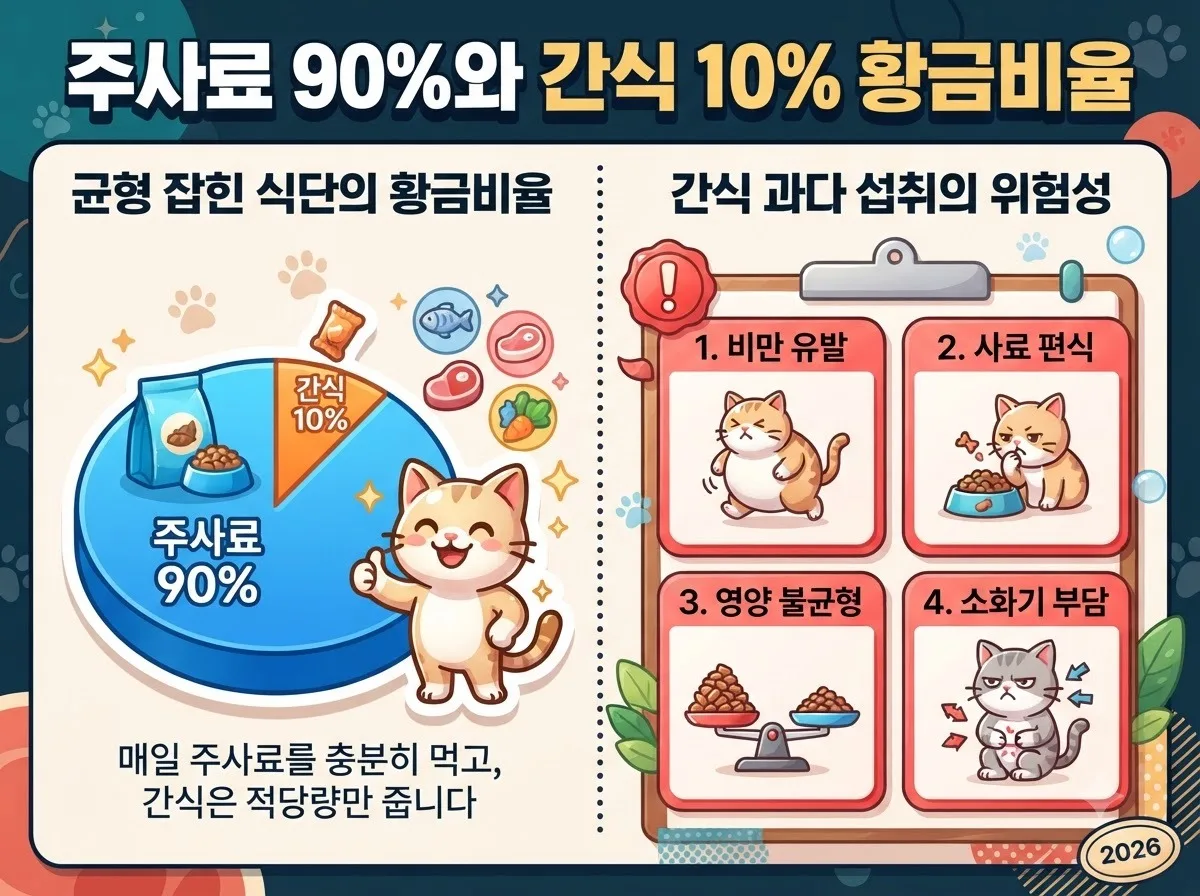 고양이 주사료와 츄르의 90대10 황금비율 및 과다 급여 시 발생하는 부작용 비교 인포그래픽