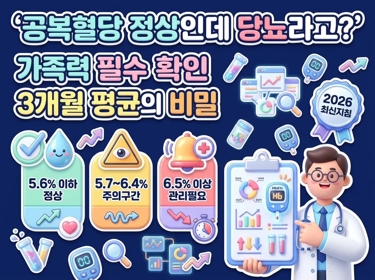 당뇨 가족력이 있을 때 공복혈당 외에 당화혈색소 검사를 추가해야 하는 이유와 정상 및 전단계 기준 수치를 요약한 인포그래픽입니다.