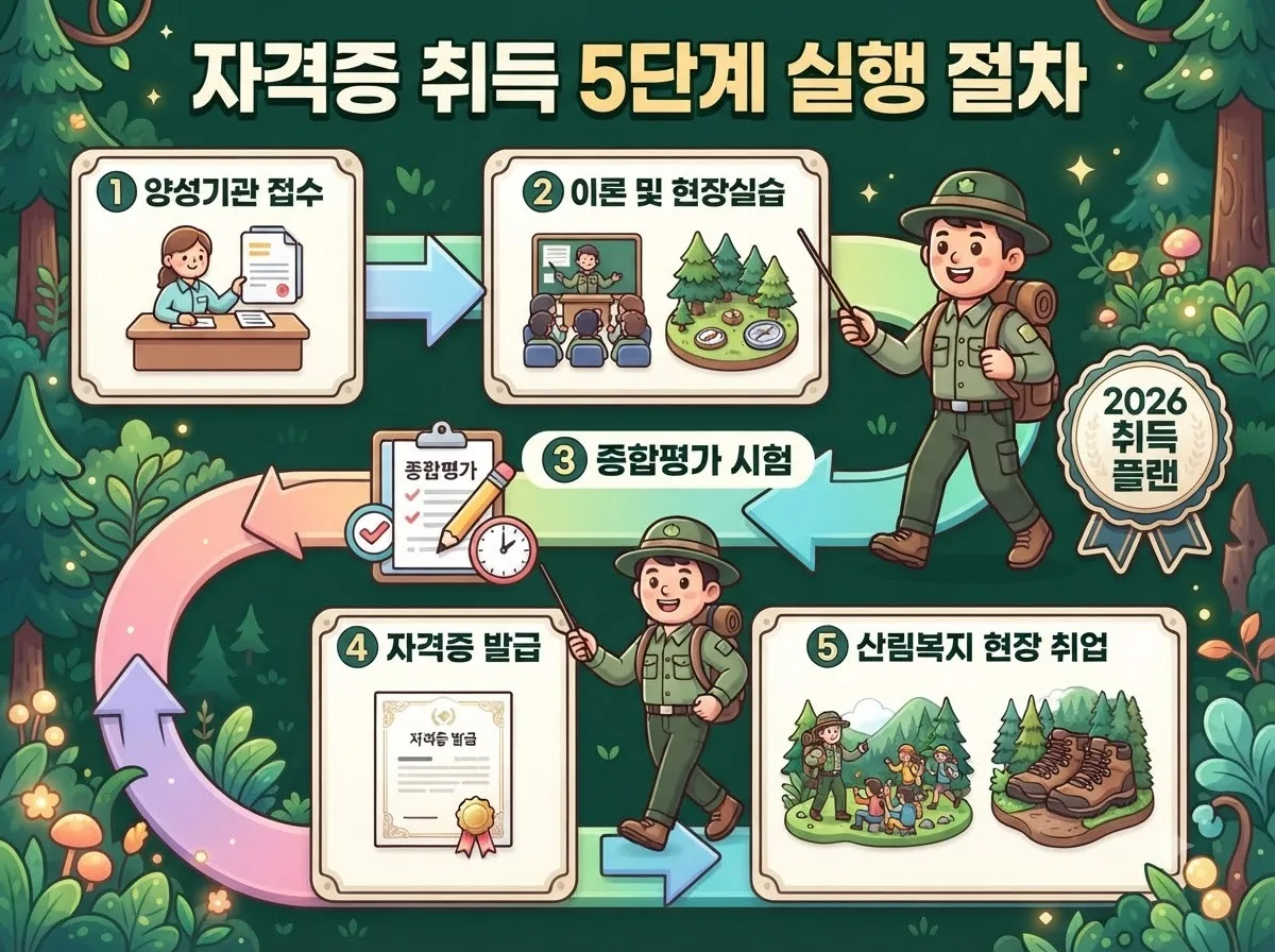 양성기관 신청부터 이론 및 실습 수료 시험 평가 자격증 취득과 취업 연계까지의 5단계 실행 과정을 설명하는 로드맵 이미지입니다.
