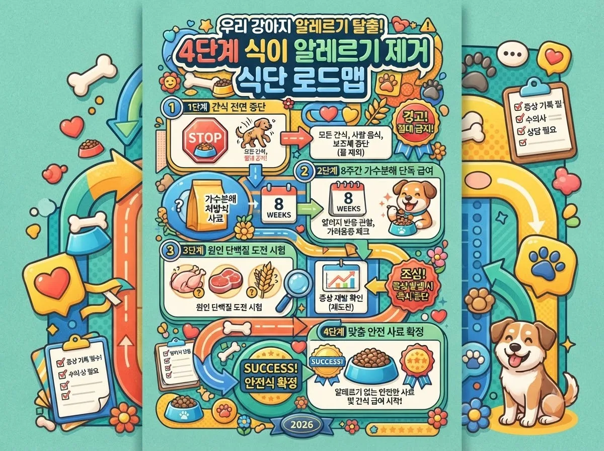 강아지 알레르기 원인을 찾는 4단계 배제 식이 시험 절차와 급여 관리 로드맵 인포그래픽