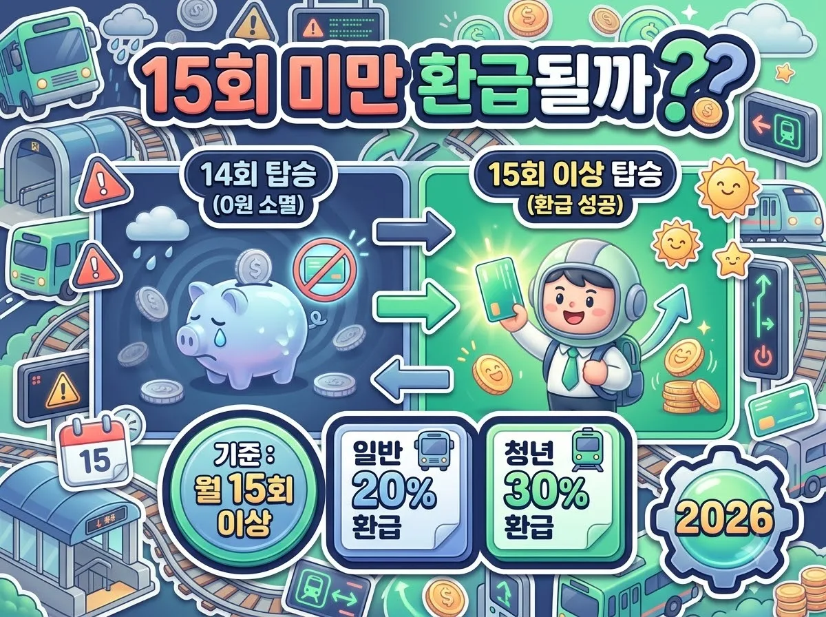K패스 월 15회 미만 이용 시 환급 가능 여부와 15회 이상 달성 시 환급률 기준을 비교 안내하는 인포그래픽 포스터