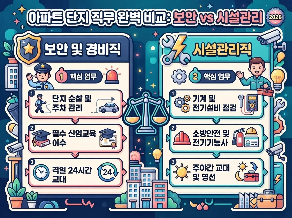 아파트 경비직과 시설관리직의 업무 내용, 근무 형태, 필요 자격 요건을 비교 정리한 상세 인포그래픽