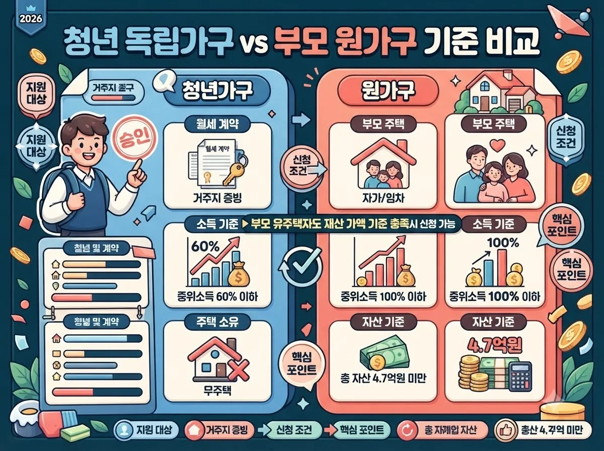 청년 독립가구의 무주택 요건과 부모 원가구의 주택 소유 및 재산가액 심사 기준을 한눈에 비교한 인포그래픽 다이어그램입니다.