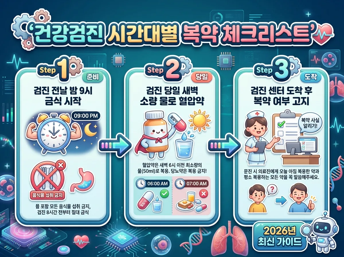 검진 전날 밤부터 당일 아침 검진 센터 도착까지 시간대별로 지켜야 할 복약 및 금식 수칙을 시각화한 체크리스트 이미지입니다.
