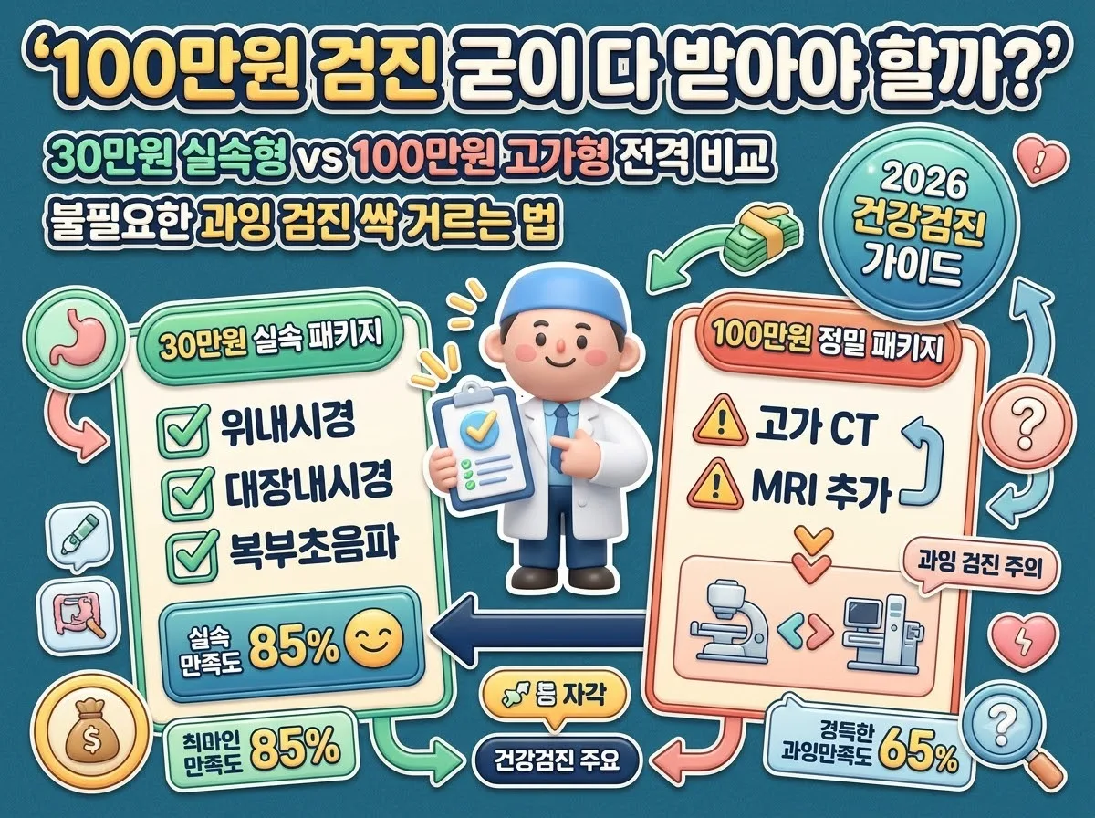 건강검진 30만 원 실속형과 100만 원 고가형의 필수 검사 항목 차이와 불필요한 과잉 검진 선별 팁을 정리한 인포그래픽 썸네일 포스터입니다.