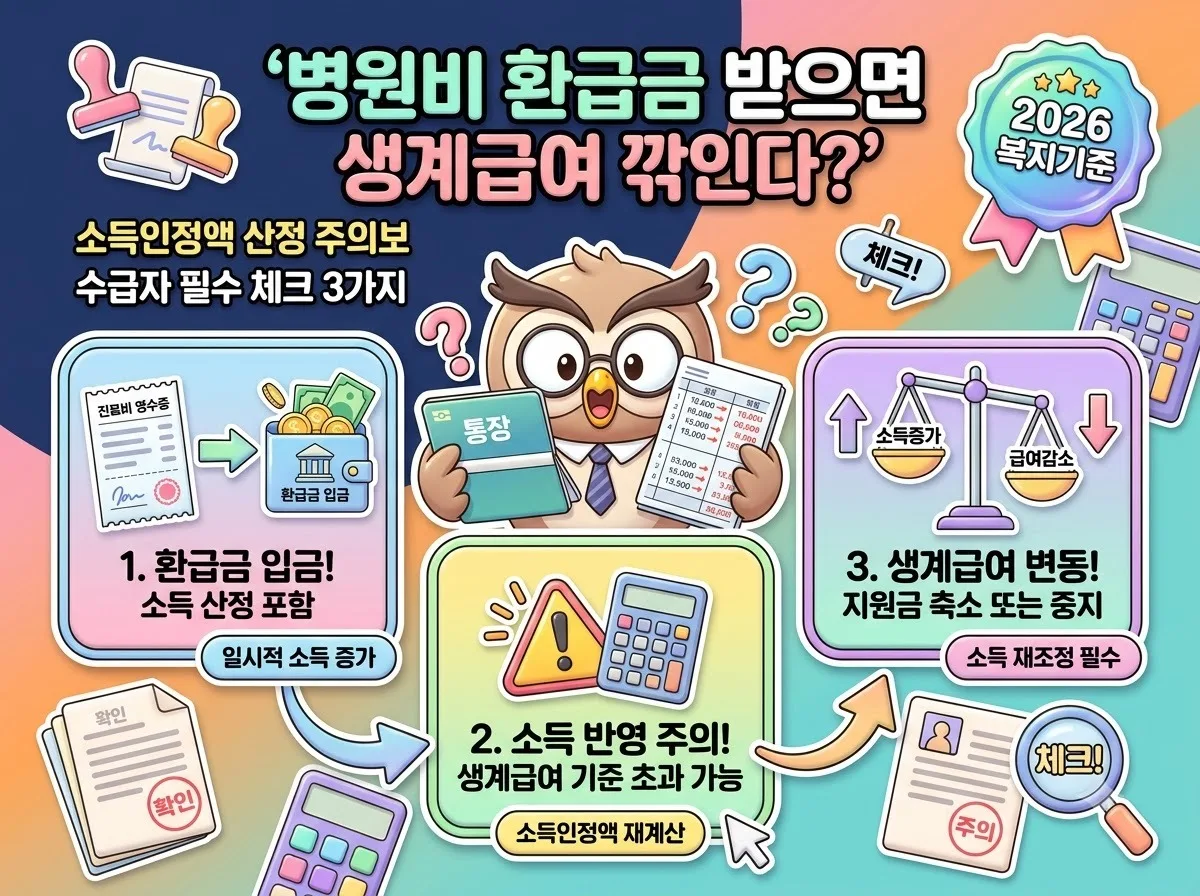 병원비 환급금이 기초생활수급자 생계급여에 미치는 영향과 소득인정액 산정 주의사항을 설명하는 2026년 복지 정보 인포그래픽 포스터