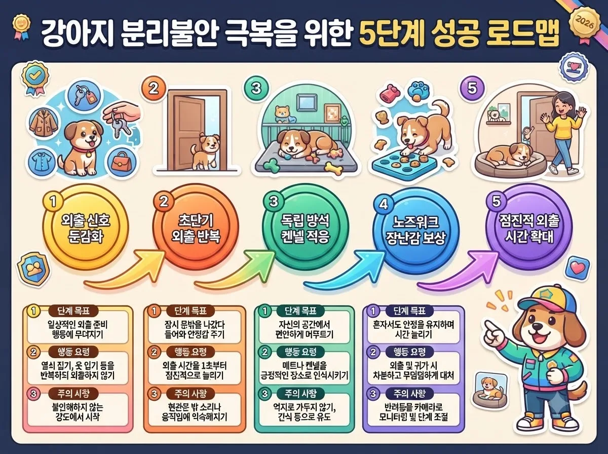 외출 신호 둔감화부터 독립 공간 적응과 노즈워크 활용까지 반려견 분리불안을 단계적으로 완화하는 5단계 행동 교정 교육 로드맵입니다.
