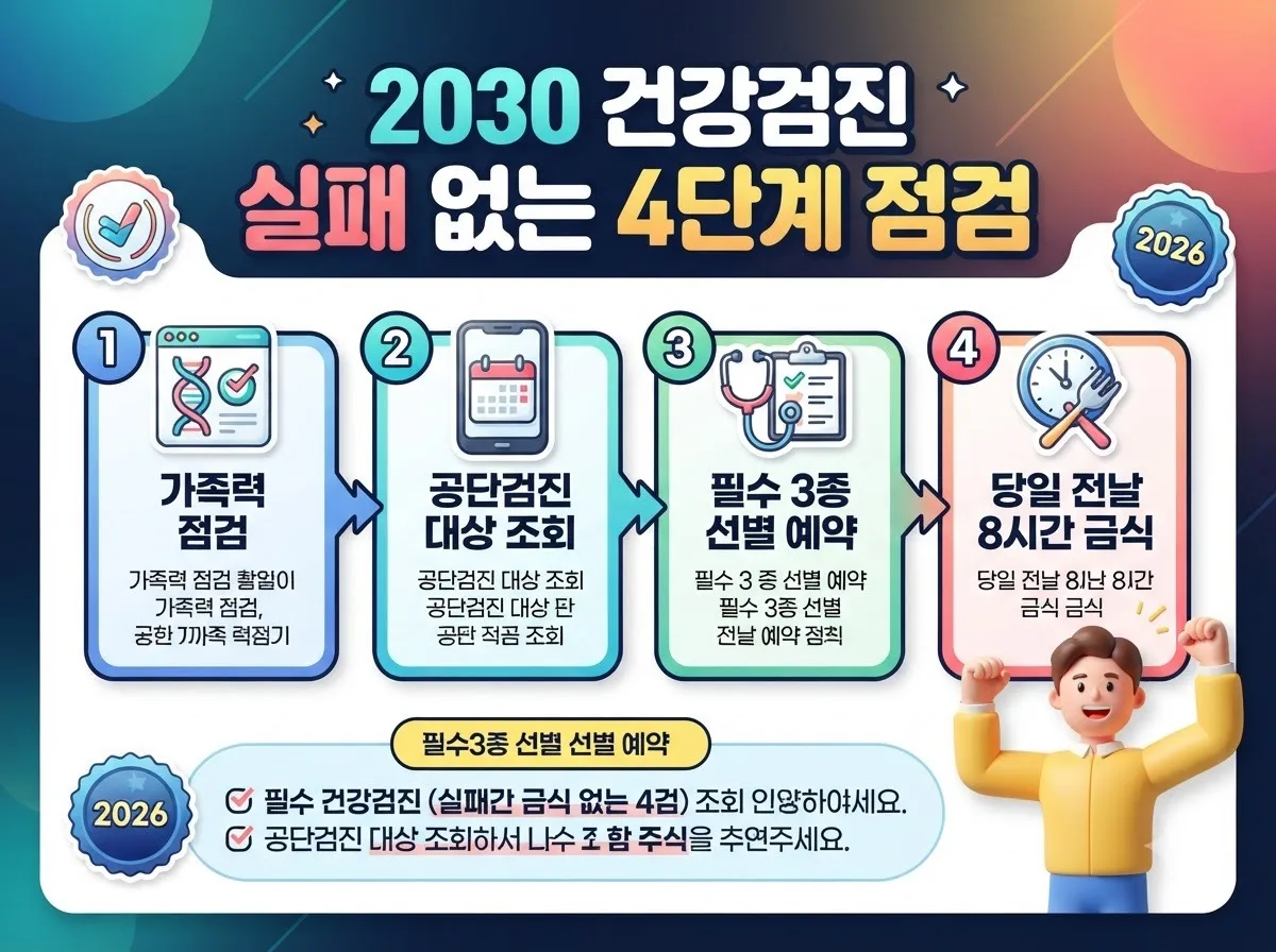 가족력 확인부터 공단검진 조회와 필수 항목 예약 및 금식 수칙까지 4단계로 구성된 건강검진 실전 점검 인포그래픽입니다.