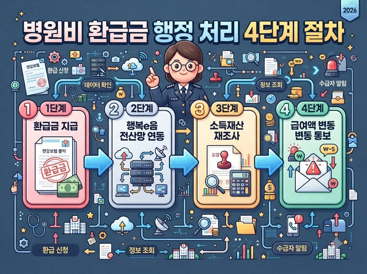 국민건강보험공단 환급금이 행복e음 시스템을 거쳐 생계급여 변동으로 통보되는 4단계 행정 절차 안내도