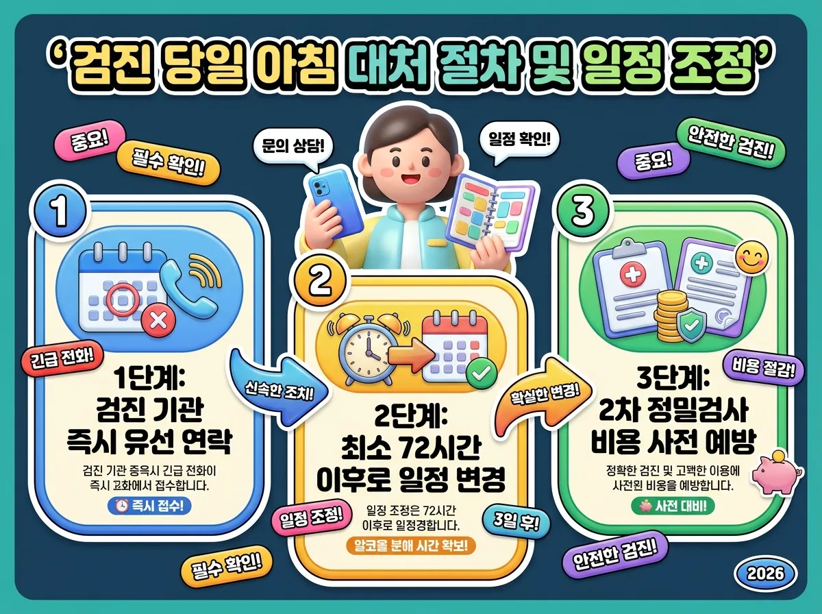건강검진 전날 음주 시 당일 아침 일정 변경과 72시간 후 재예약 대처 절차를 보여주는 3단계 안내도