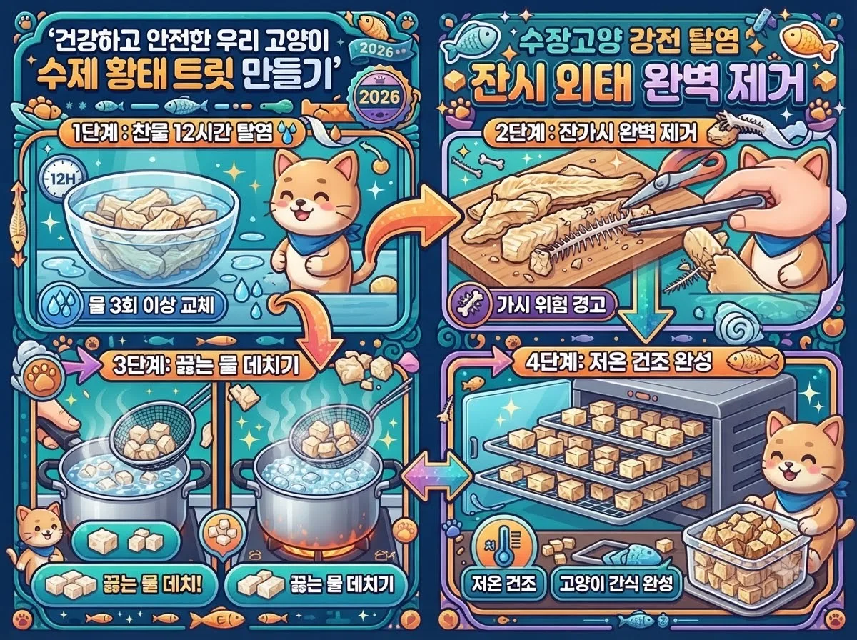 고양이 북어 트릿 제작 4단계 순서인 탈염, 가시 제거, 데치기, 건조 과정을 상세히 설명한 단계별 인포그래픽