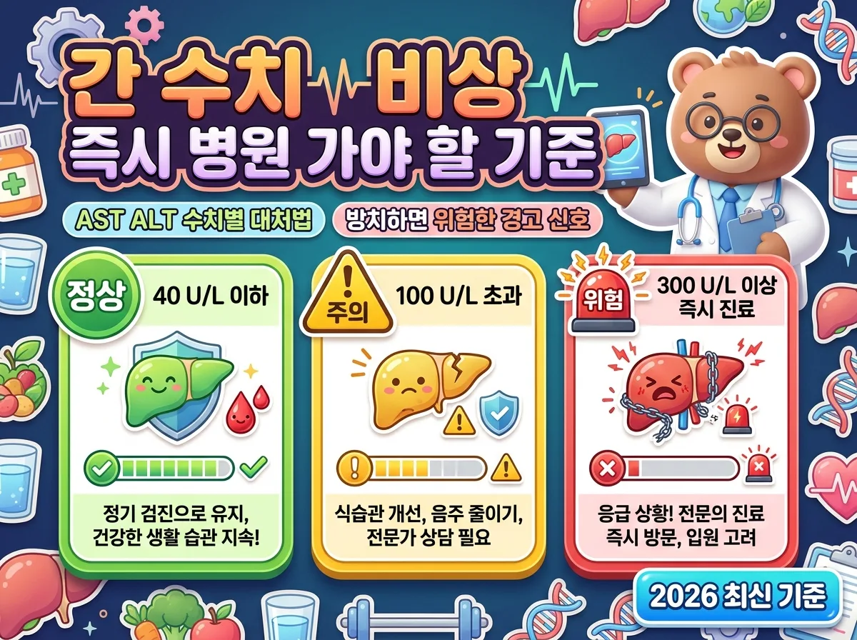간 수치 AST ALT 상승 시 즉시 병원에 가야 하는 3가지 위험 기준과 단계별 대처법을 정리한 2026 건강 인포그래픽