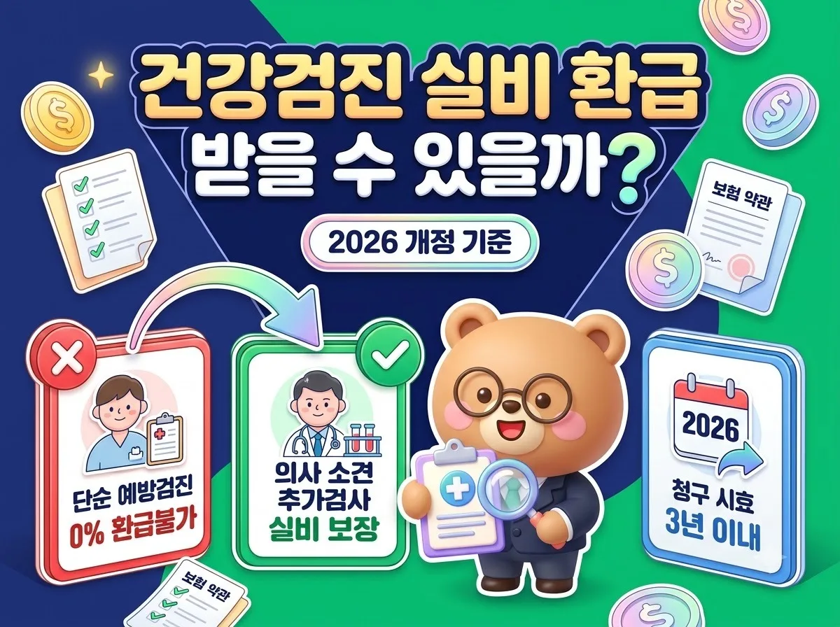 2026년 기준 건강검진 후 실손보험 환급 조건과 의사 소견 추가 검사 보장 기준을 한눈에 정리한 안내 인포그래픽 포스터